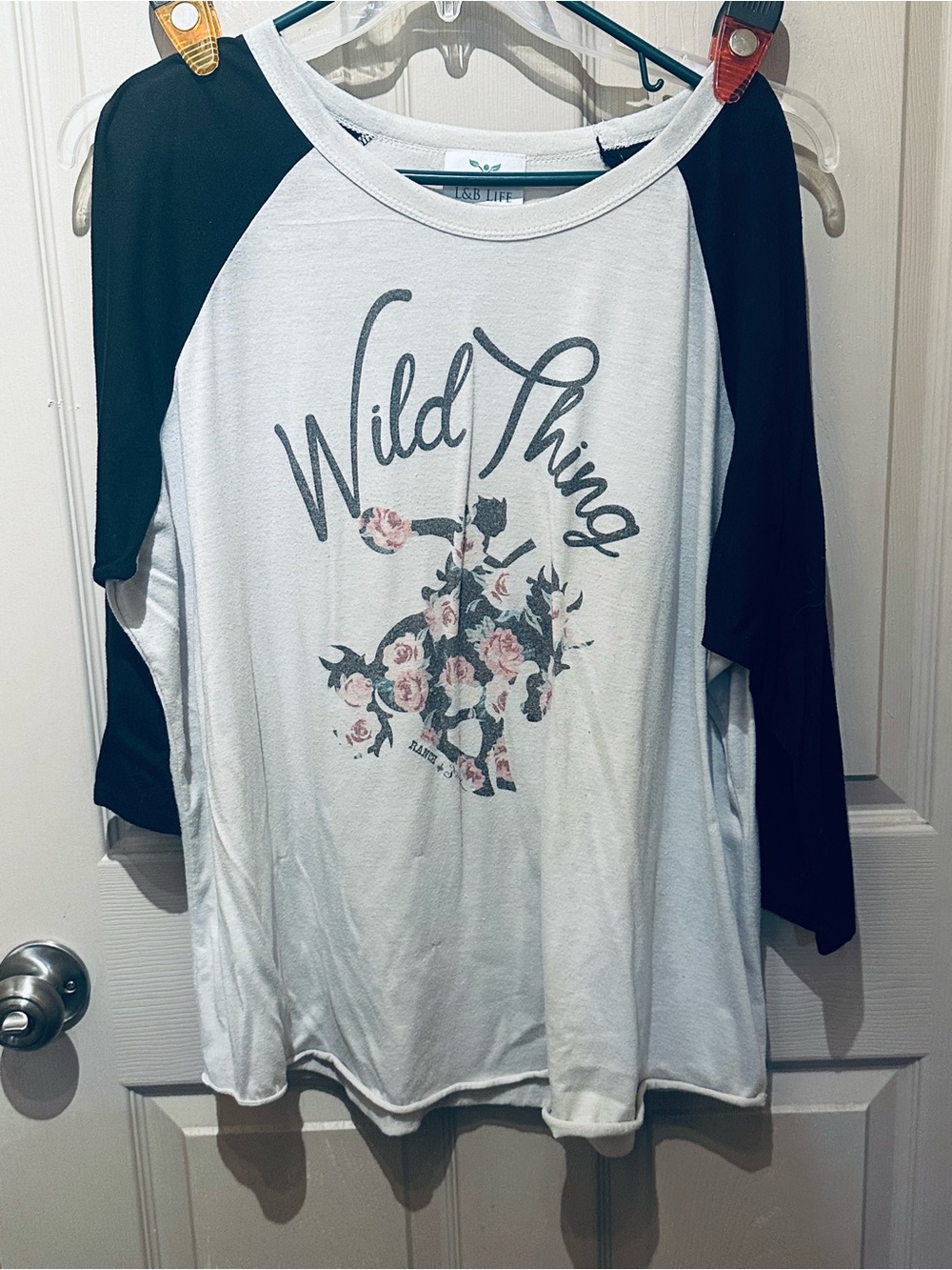 L&B White Body Black Raglan Tee with Rose Graphic